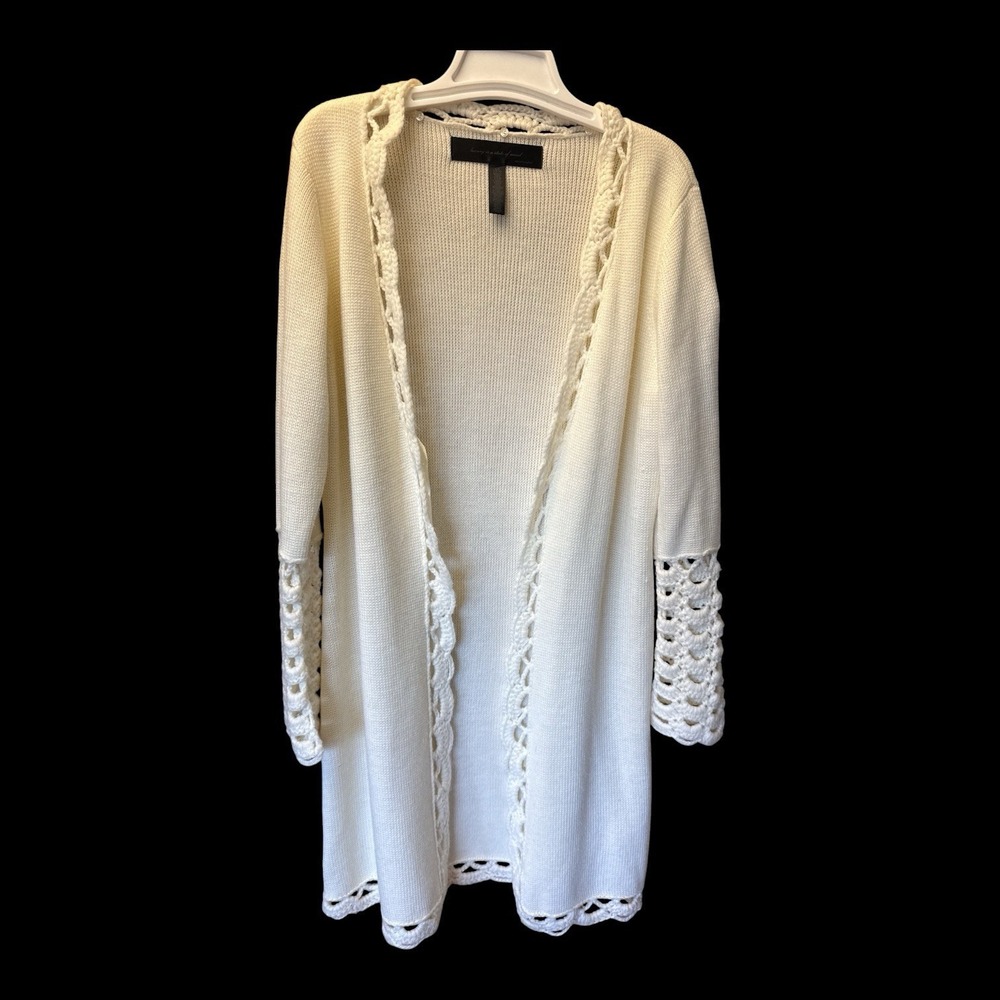 Apostrophe Cardigan Sweater Large Crochet Trim Sleeve Duster Open Front